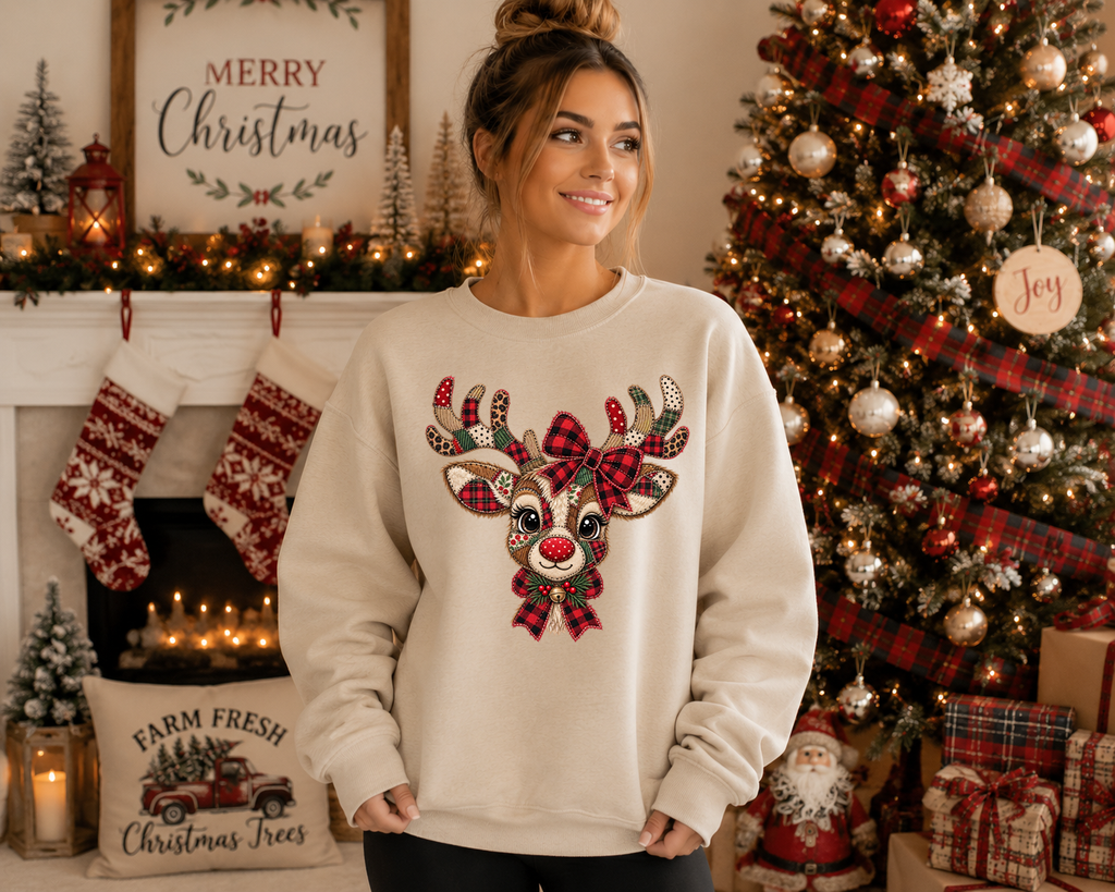Patchwork Reindeer Gildan Sweatshirt – Cute Christmas Reindeer Crewneck, Plaid Rudolph Holiday Sweatshirt, Cozy Christmas Graphic Sweater