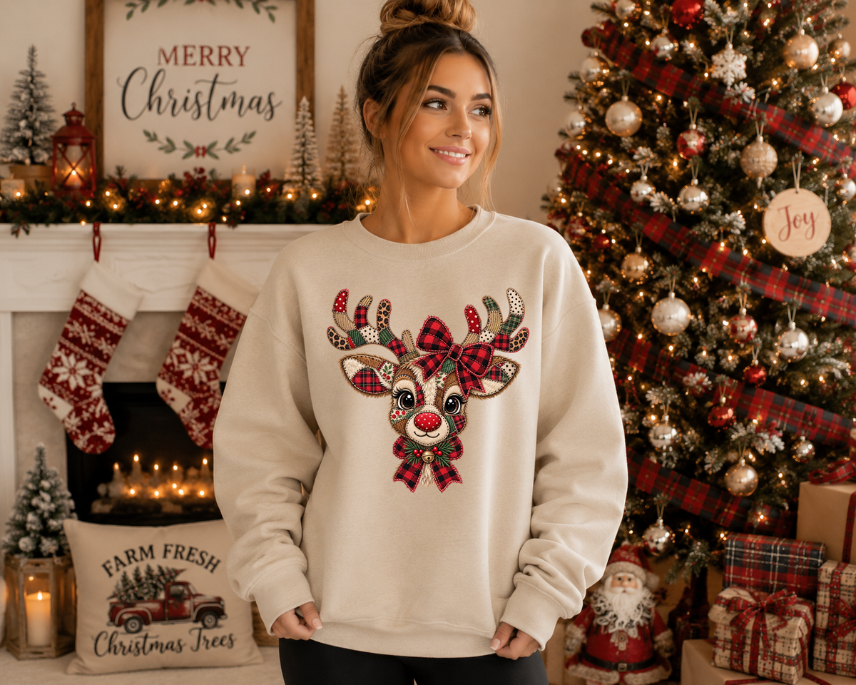 Patchwork Reindeer Gildan Sweatshirt – Cute Christmas Reindeer Crewneck, Plaid Rudolph Holiday Sweatshirt, Cozy Christmas Graphic Sweater