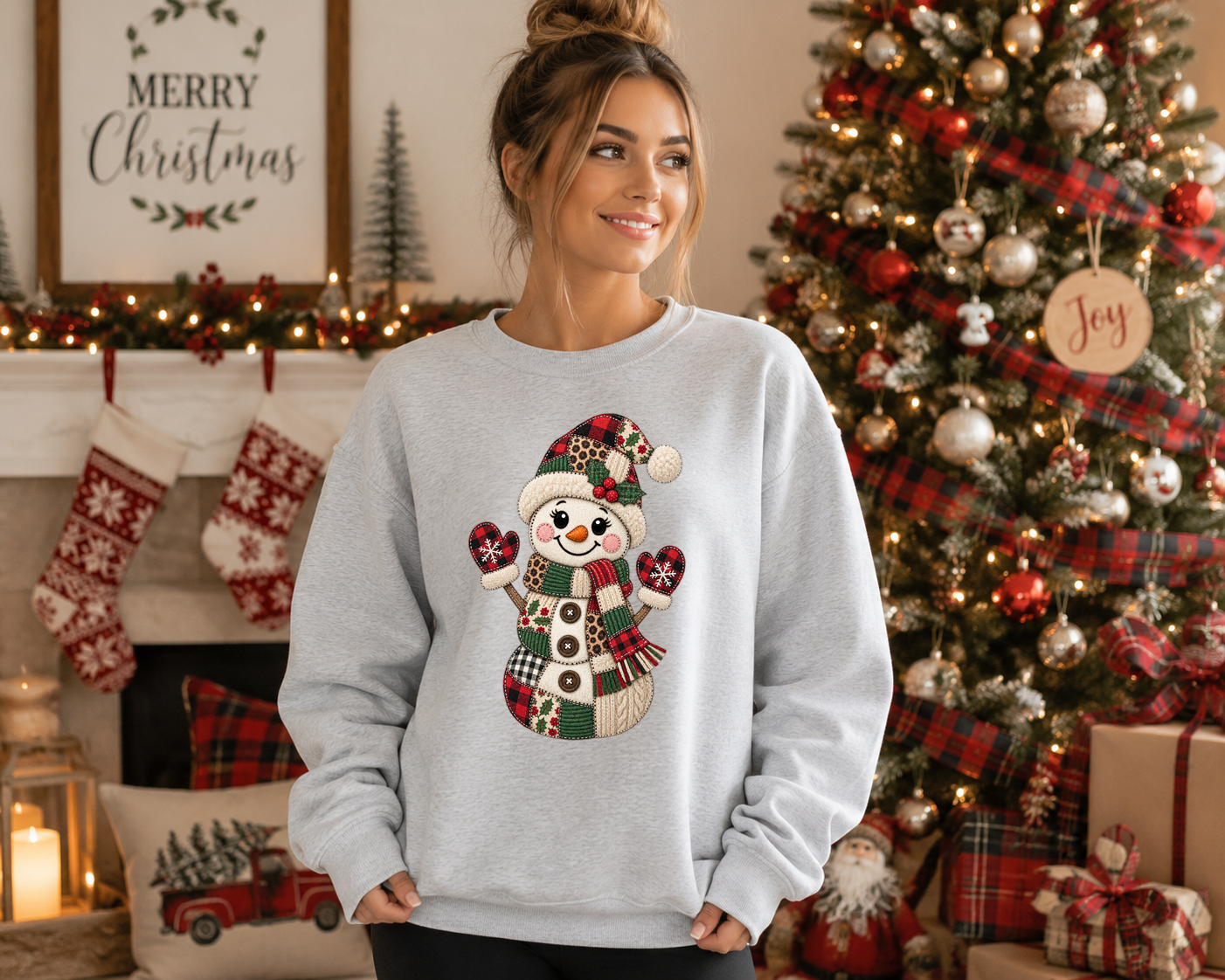 Patchwork Snowman Gildan Sweatshirt – Cute Christmas Snowman Crewneck, Faux Patchwork Holiday Graphic Sweatshirt, Cozy Winter Christmas Sweater