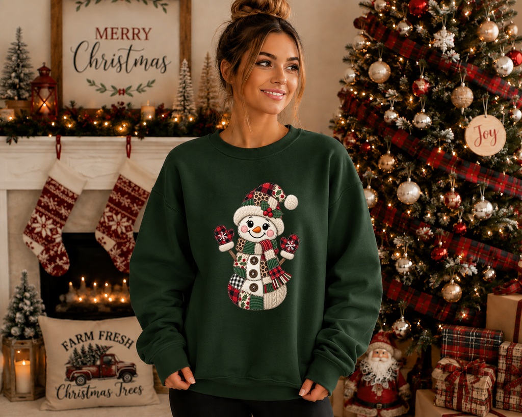 Patchwork Snowman Gildan Sweatshirt – Cute Christmas Snowman Crewneck, Faux Patchwork Holiday Graphic Sweatshirt, Cozy Winter Christmas Sweater