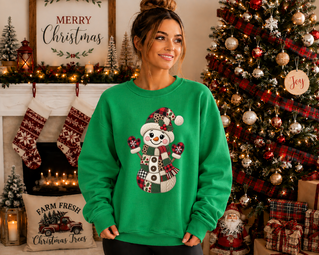 Patchwork Snowman Gildan Sweatshirt – Cute Christmas Snowman Crewneck, Faux Patchwork Holiday Graphic Sweatshirt, Cozy Winter Christmas Sweater