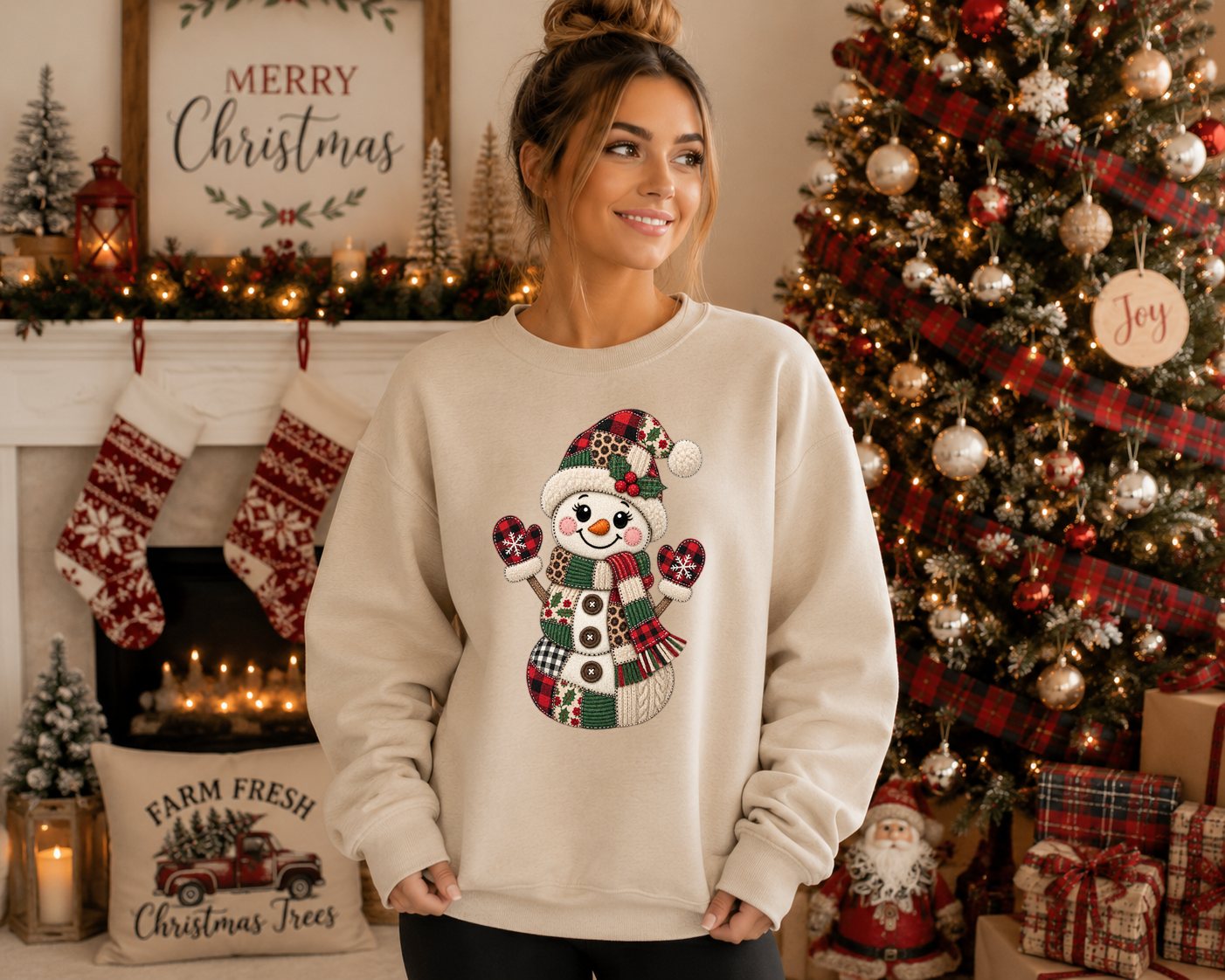 Patchwork Snowman Gildan Sweatshirt – Cute Christmas Snowman Crewneck, Faux Patchwork Holiday Graphic Sweatshirt, Cozy Winter Christmas Sweater