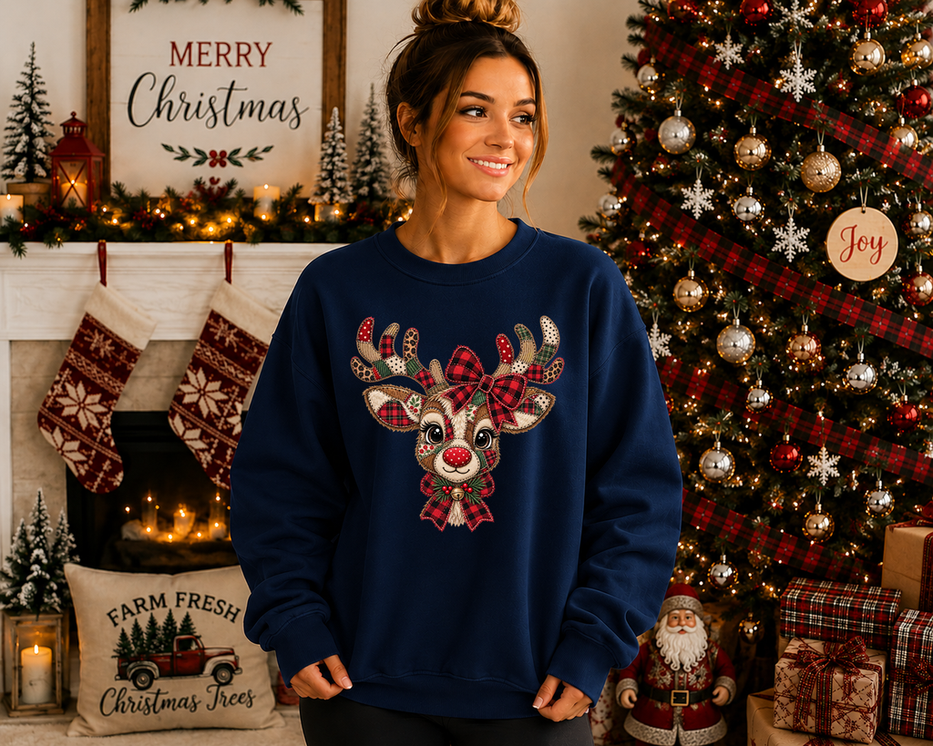 Patchwork Reindeer Gildan Sweatshirt – Cute Christmas Reindeer Crewneck, Plaid Rudolph Holiday Sweatshirt, Cozy Christmas Graphic Sweater