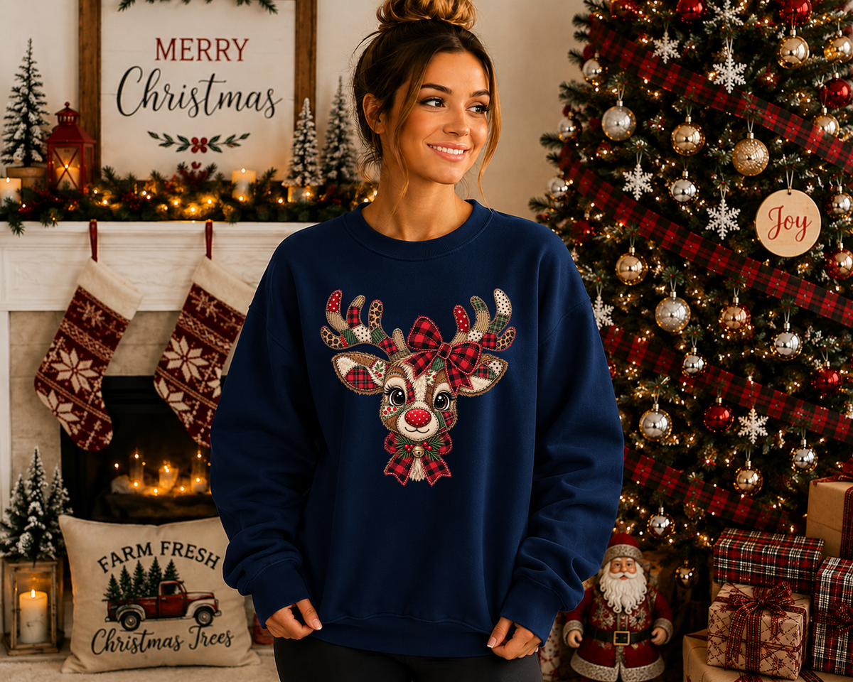 Patchwork Reindeer Gildan Sweatshirt – Cute Christmas Reindeer Crewneck, Plaid Rudolph Holiday Sweatshirt, Cozy Christmas Graphic Sweater