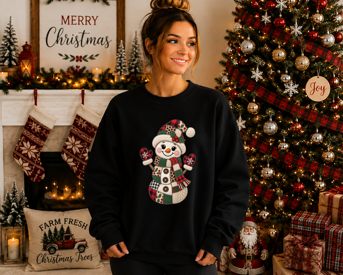 Patchwork Snowman Gildan Sweatshirt – Cute Christmas Snowman Crewneck, Faux Patchwork Holiday Graphic Sweatshirt, Cozy Winter Christmas Sweater