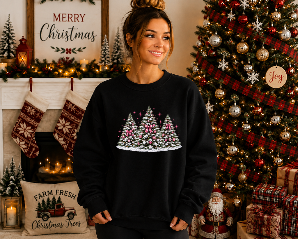 Pink Bow Christmas Tree Gildan Sweatshirt | Coquette Christmas Graphic Crewneck | Festive Holiday Sweatshirt