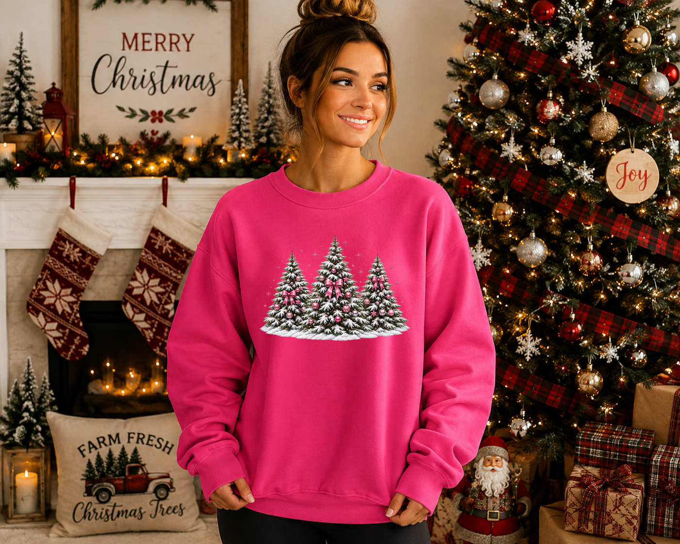 Pink Bow Christmas Tree Gildan Sweatshirt | Coquette Christmas Graphic Crewneck | Festive Holiday Sweatshirt