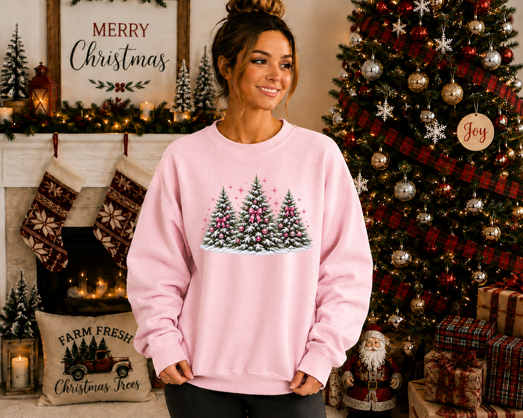 Pink Bow Christmas Tree Gildan Sweatshirt | Coquette Christmas Graphic Crewneck | Festive Holiday Sweatshirt