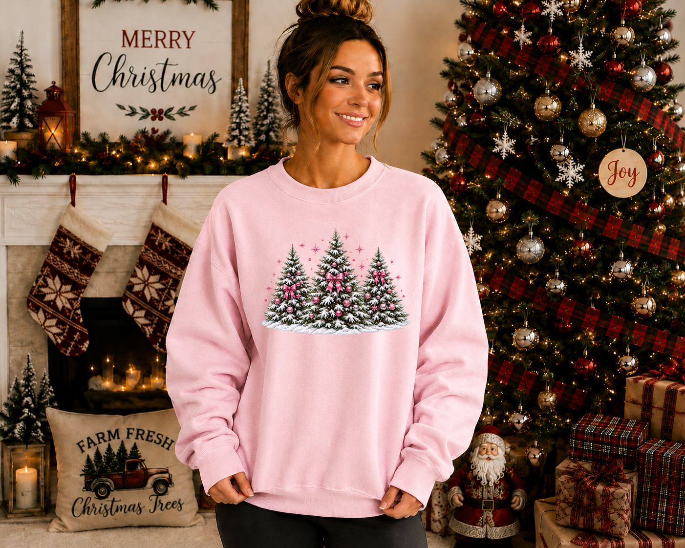 Pink Bow Christmas Tree Gildan Sweatshirt | Coquette Christmas Graphic Crewneck | Festive Holiday Sweatshirt