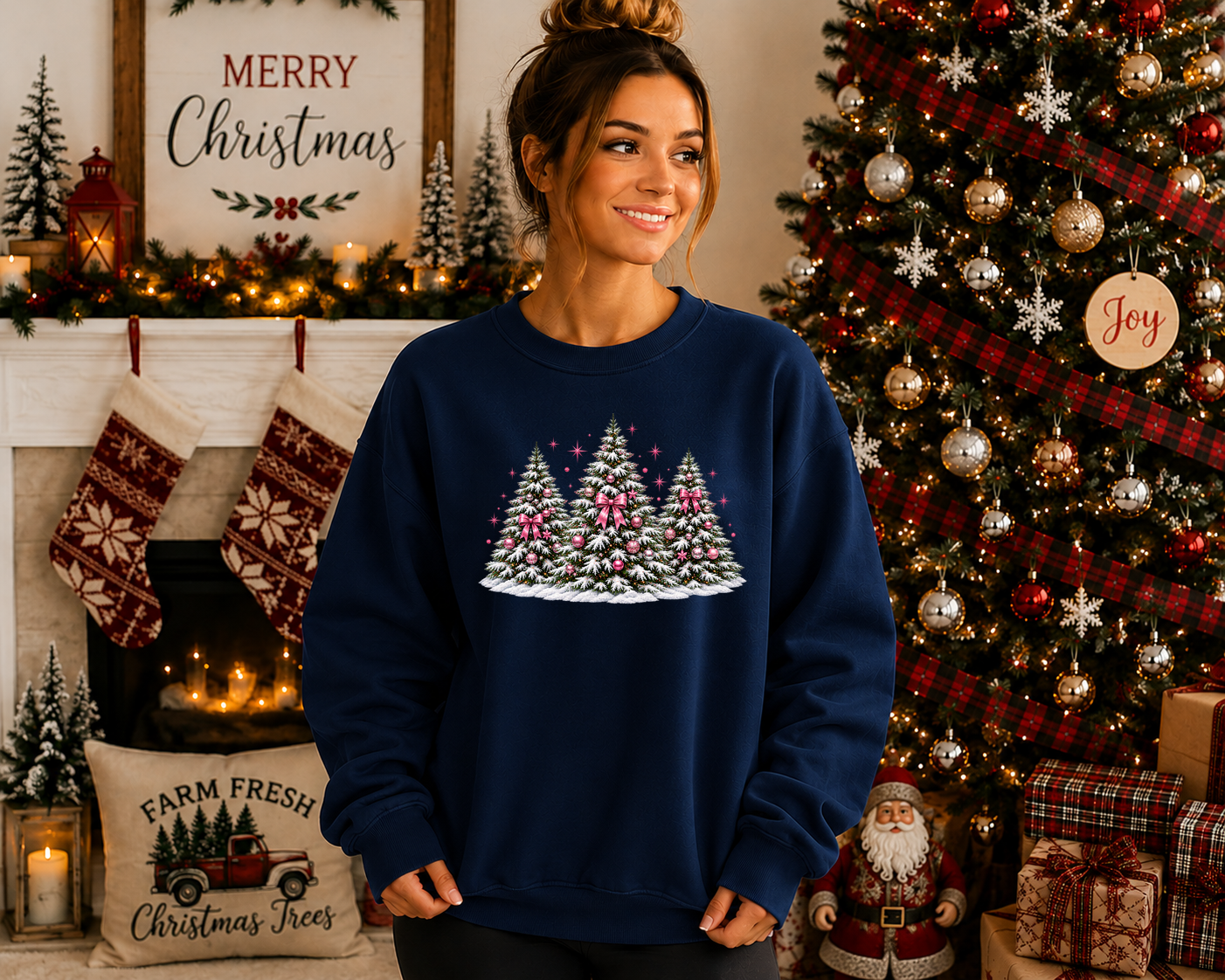 Pink Bow Christmas Tree Gildan Sweatshirt | Coquette Christmas Graphic Crewneck | Festive Holiday Sweatshirt