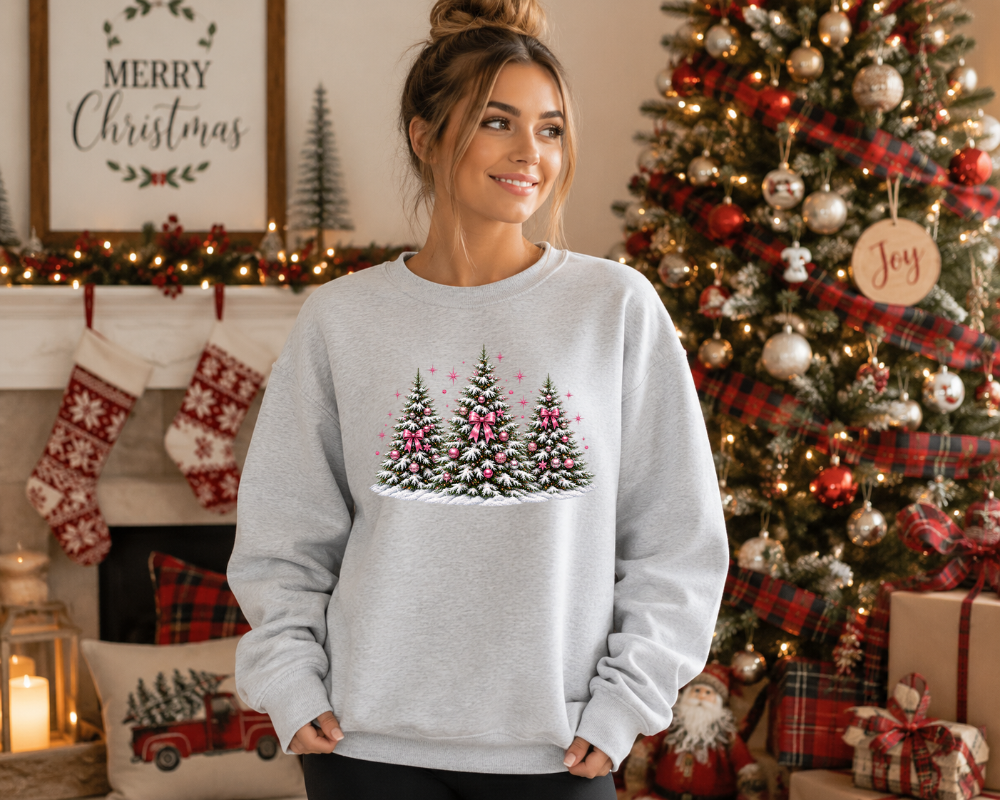 Pink Bow Christmas Tree Gildan Sweatshirt | Coquette Christmas Graphic Crewneck | Festive Holiday Sweatshirt