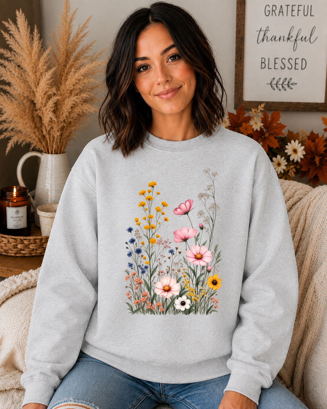 Gildan Wildflower Sweatshirt – Vintage Floral Garden Crewneck, Pink Cosmos & Colorful Wildflowers, Cute Cottagecore Floral Sweatshirt