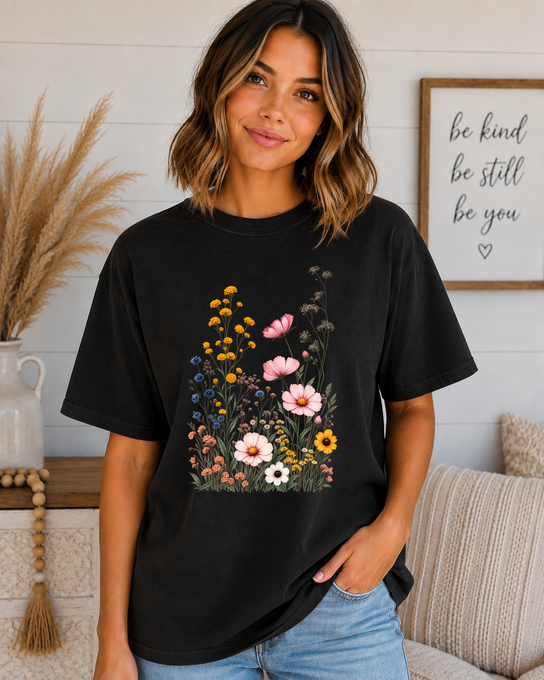 Comfort Colors Wildflower T-Shirt – Vintage Floral Garden Graphic Tee, Pink Cosmos & Wildflowers, Boho Cottagecore Shirt