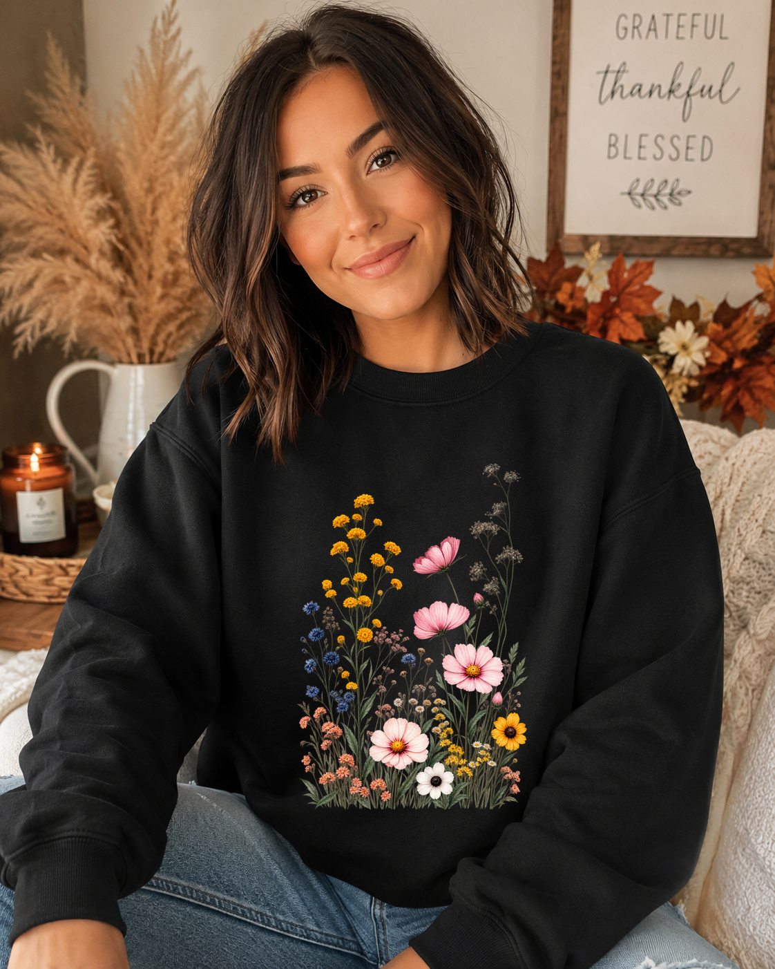 Gildan Wildflower Sweatshirt – Vintage Floral Garden Crewneck, Pink Cosmos & Colorful Wildflowers, Cute Cottagecore Floral Sweatshirt
