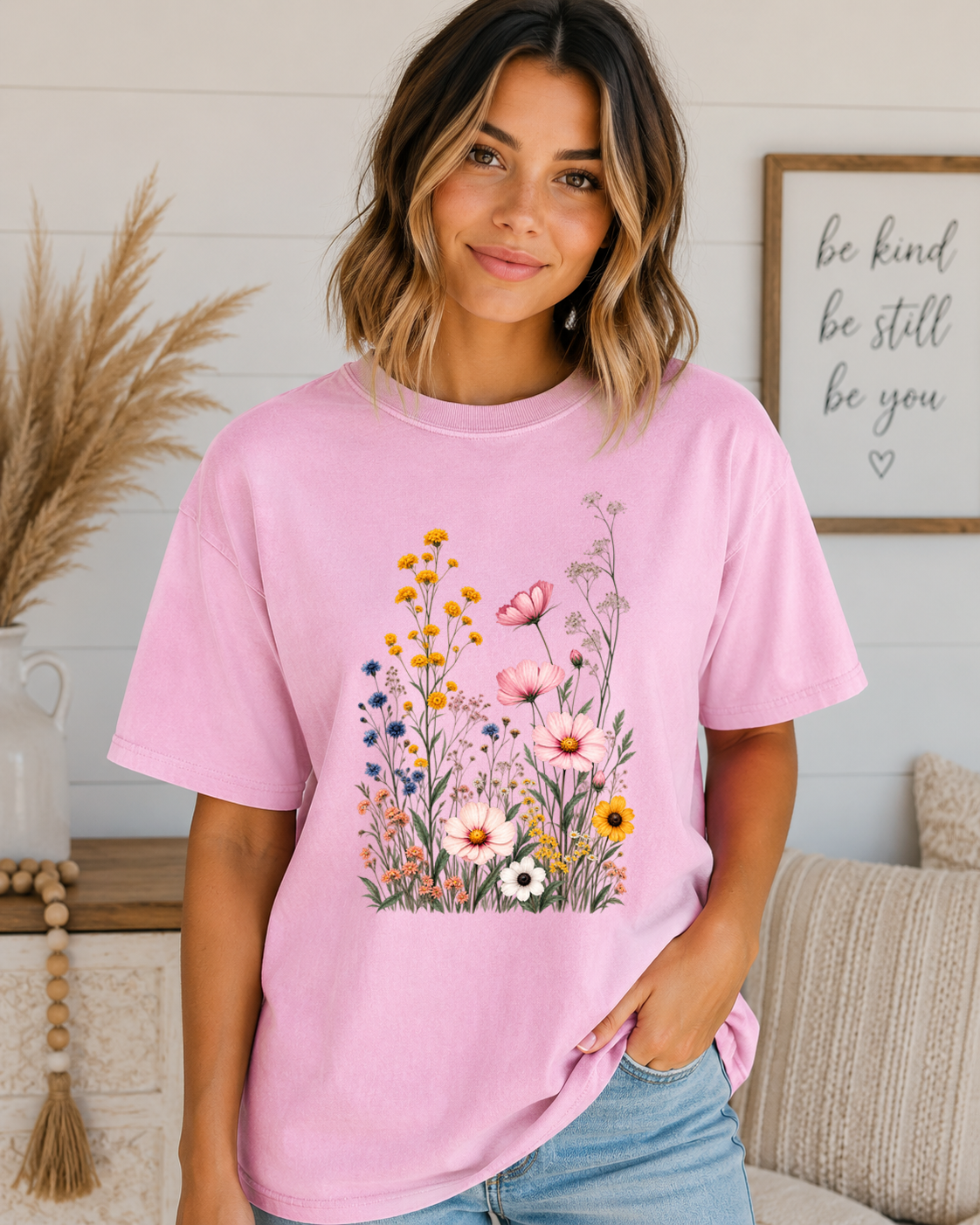 Comfort Colors Wildflower T-Shirt – Vintage Floral Garden Graphic Tee, Pink Cosmos & Wildflowers, Boho Cottagecore Shirt