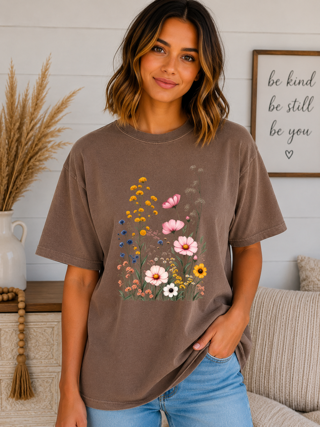 Comfort Colors Wildflower T-Shirt – Vintage Floral Garden Graphic Tee, Pink Cosmos & Wildflowers, Boho Cottagecore Shirt