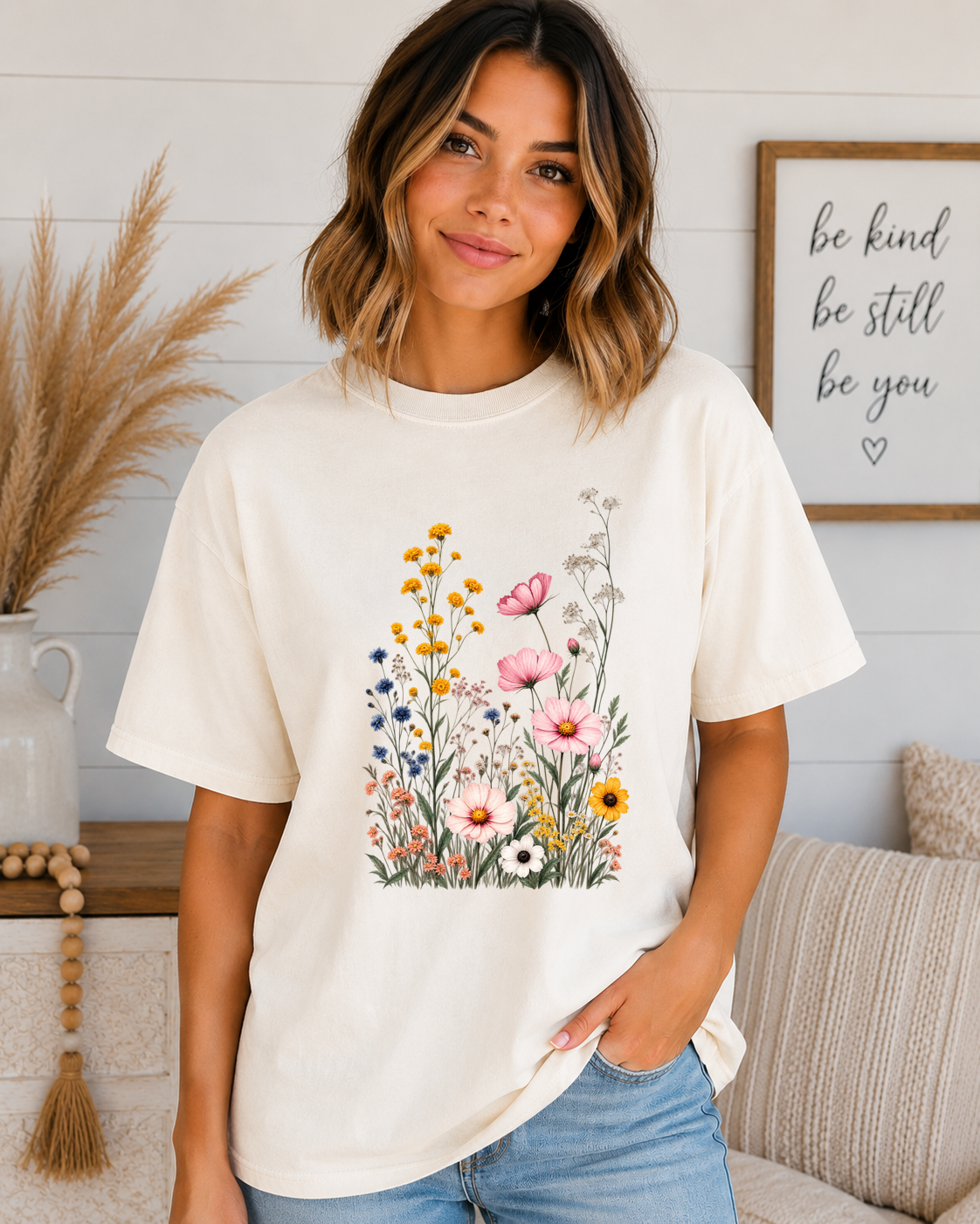 Comfort Colors Wildflower T-Shirt – Vintage Floral Garden Graphic Tee, Pink Cosmos & Wildflowers, Boho Cottagecore Shirt