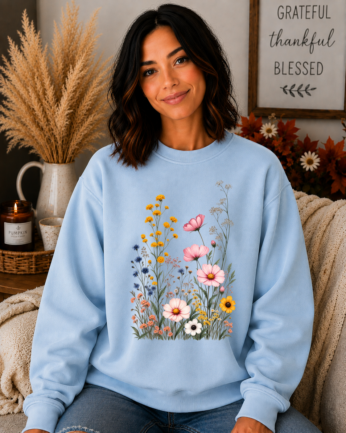 Gildan Wildflower Sweatshirt – Vintage Floral Garden Crewneck, Pink Cosmos & Colorful Wildflowers, Cute Cottagecore Floral Sweatshirt