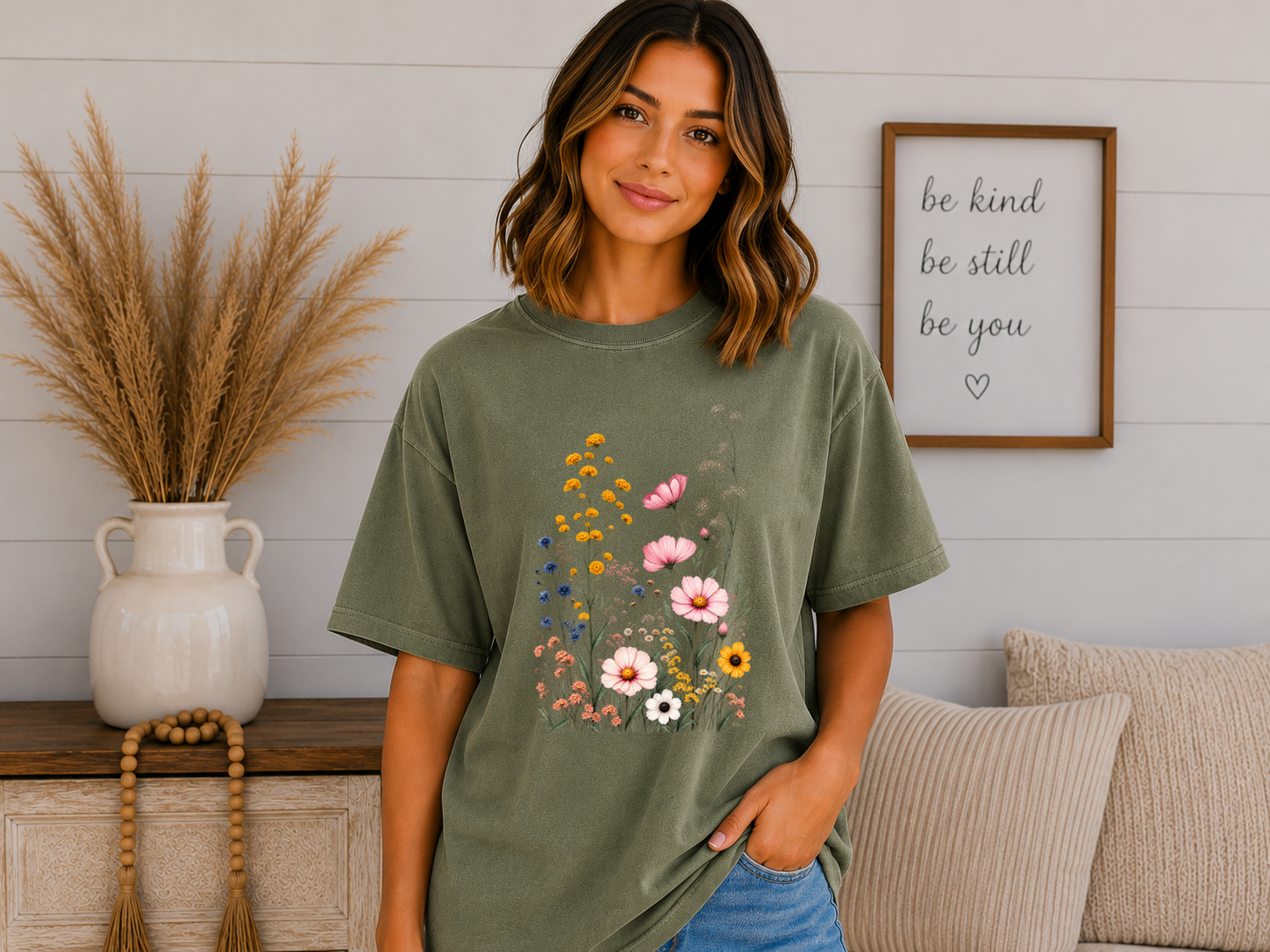 Comfort Colors Wildflower T-Shirt – Vintage Floral Garden Graphic Tee, Pink Cosmos & Wildflowers, Boho Cottagecore Shirt