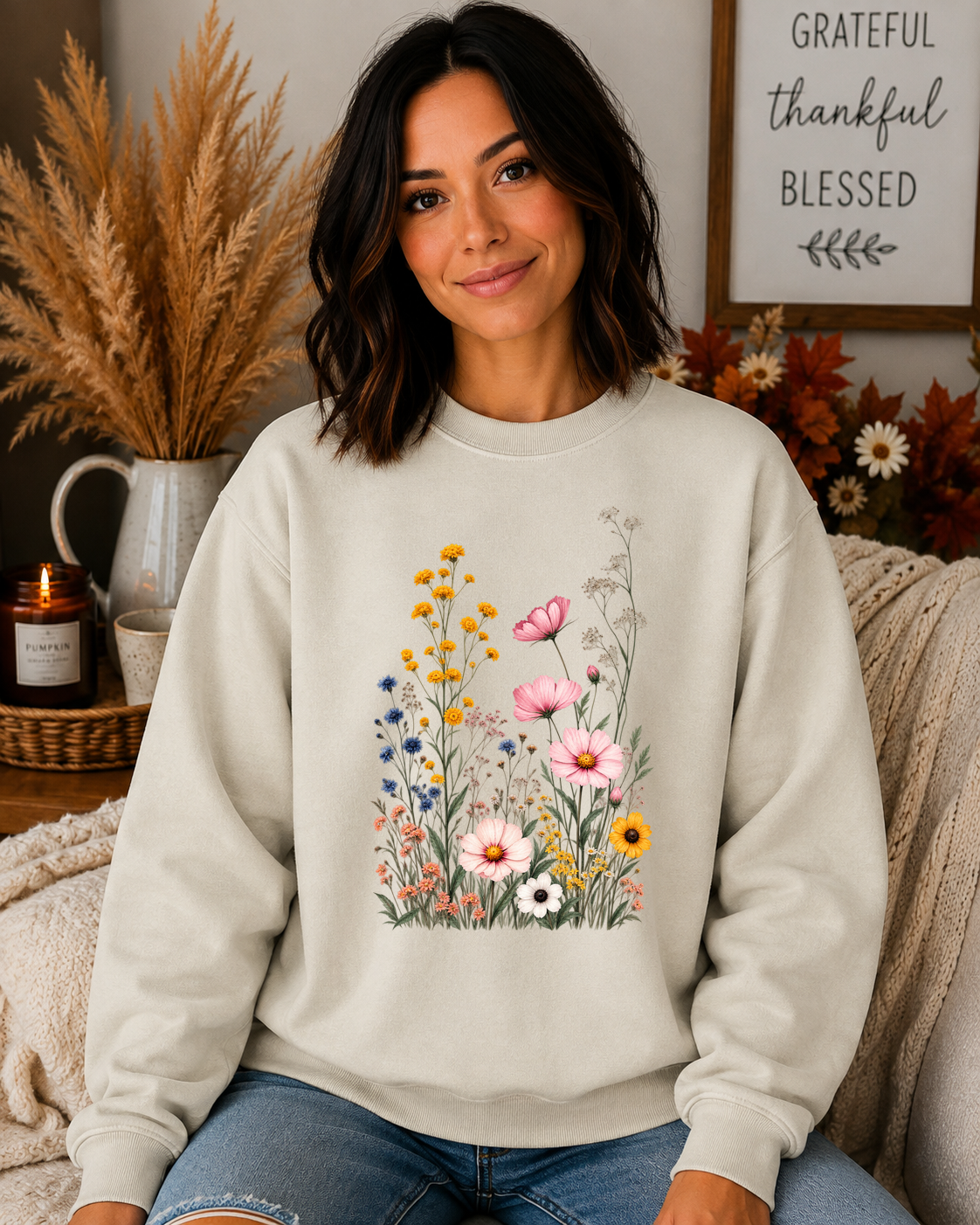 Gildan Wildflower Sweatshirt – Vintage Floral Garden Crewneck, Pink Cosmos & Colorful Wildflowers, Cute Cottagecore Floral Sweatshirt