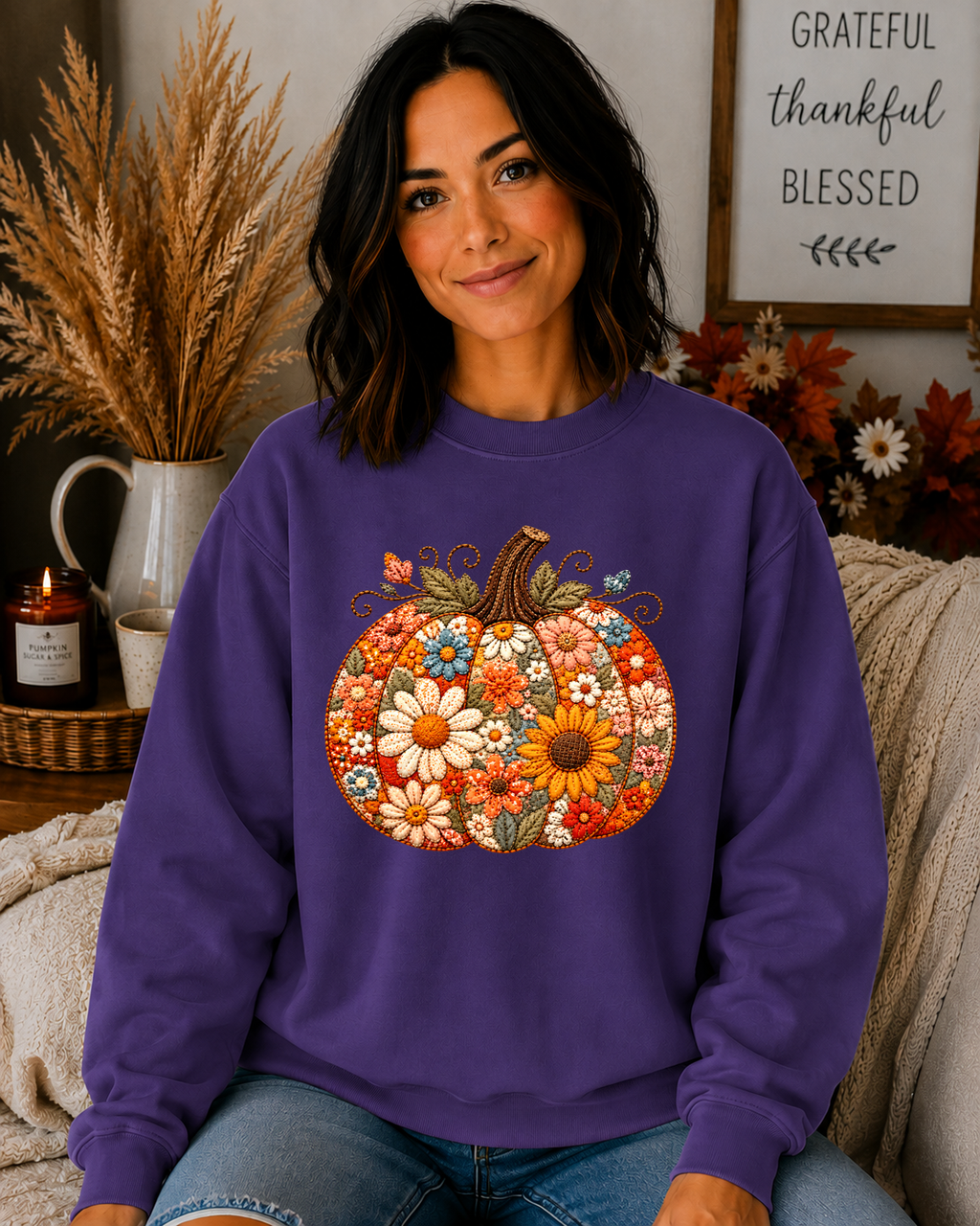 Floral Pumpkin Gildan Sweatshirt | Cute Fall Pumpkin Graphic Crewneck | Boho Autumn Flower Sweatshirt