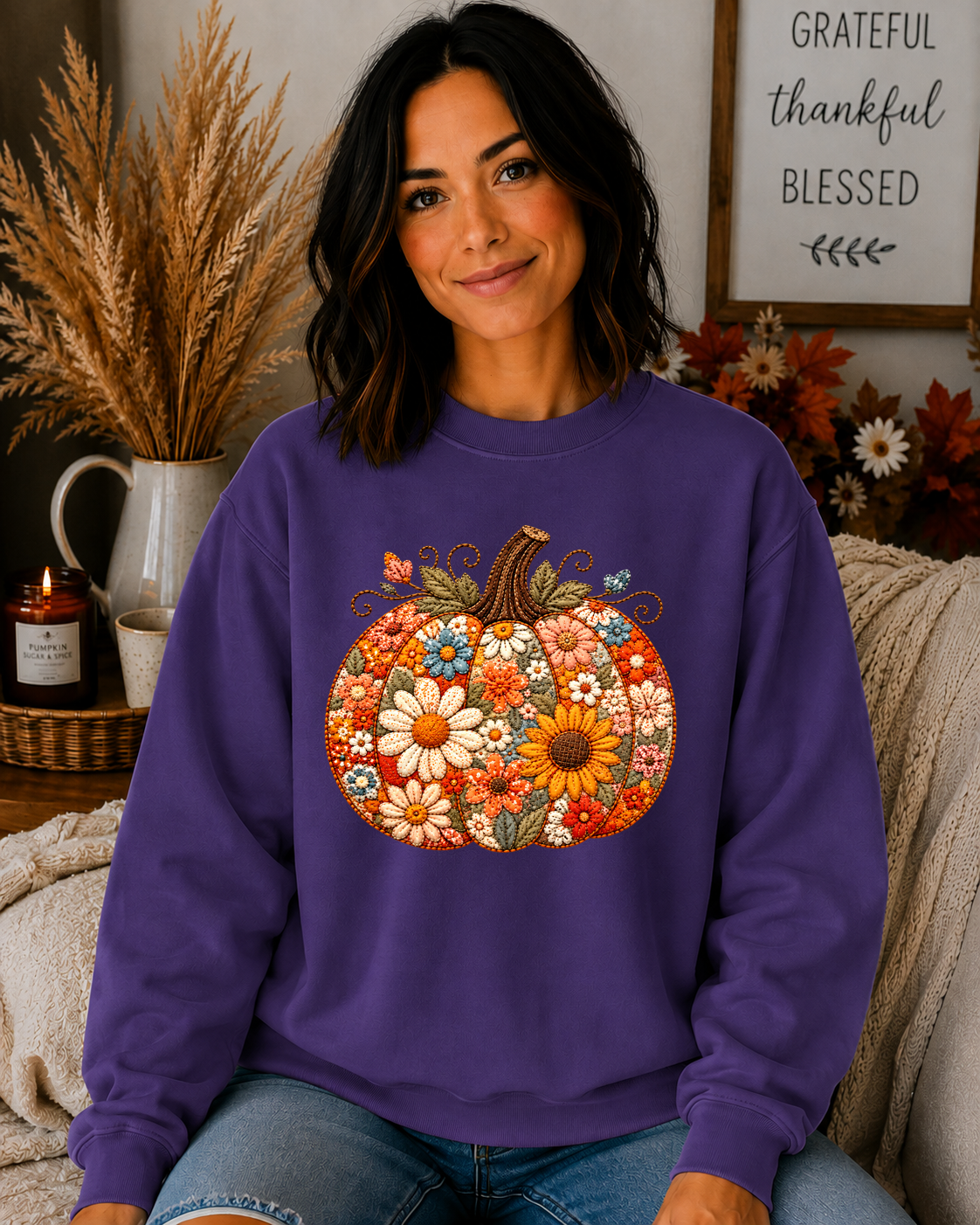 Floral Pumpkin Gildan Sweatshirt | Cute Fall Pumpkin Graphic Crewneck | Boho Autumn Flower Sweatshirt