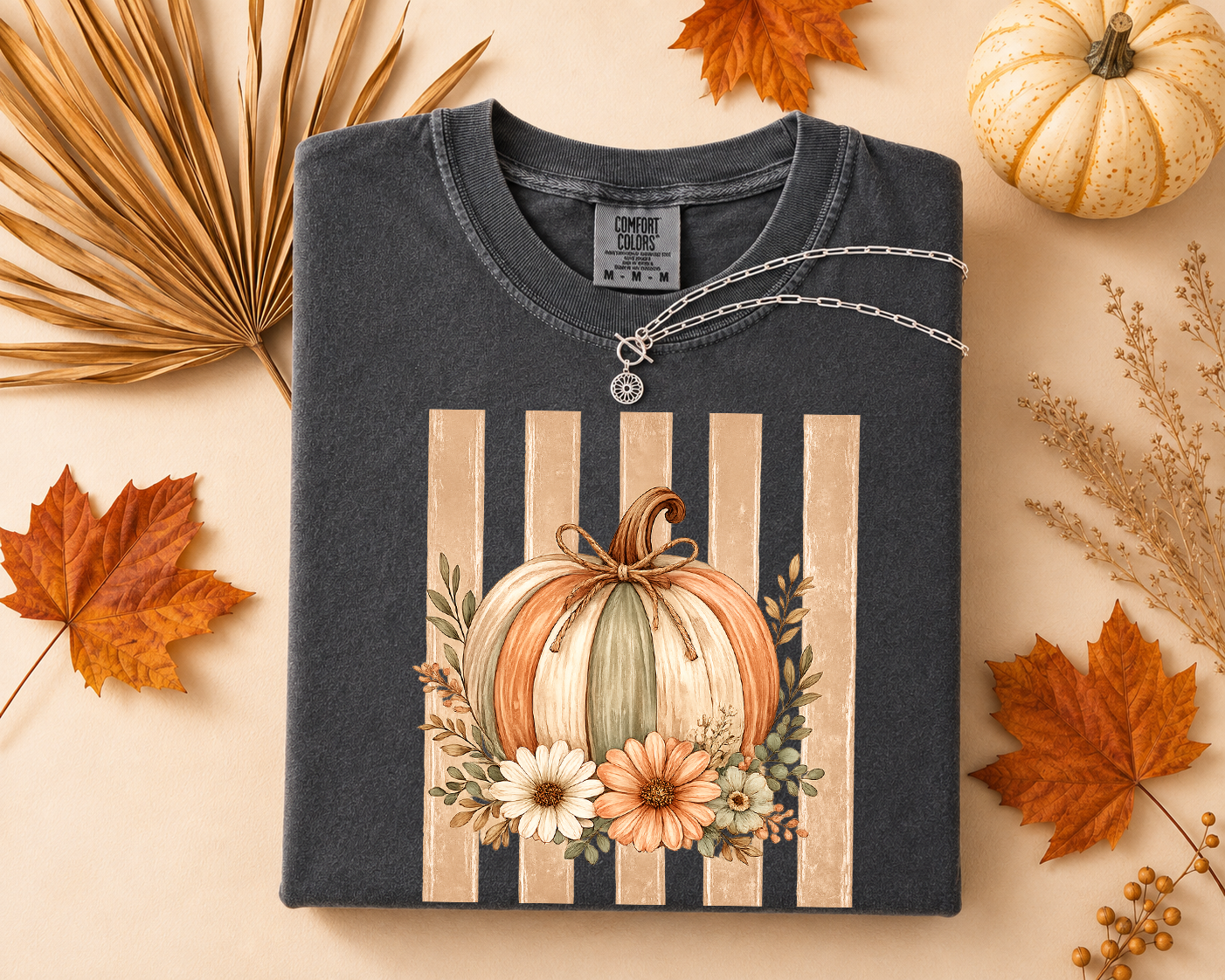 Pumpkin Stripes, Boho, Floral, Cute, Fall, Autumn, Comfort Colors