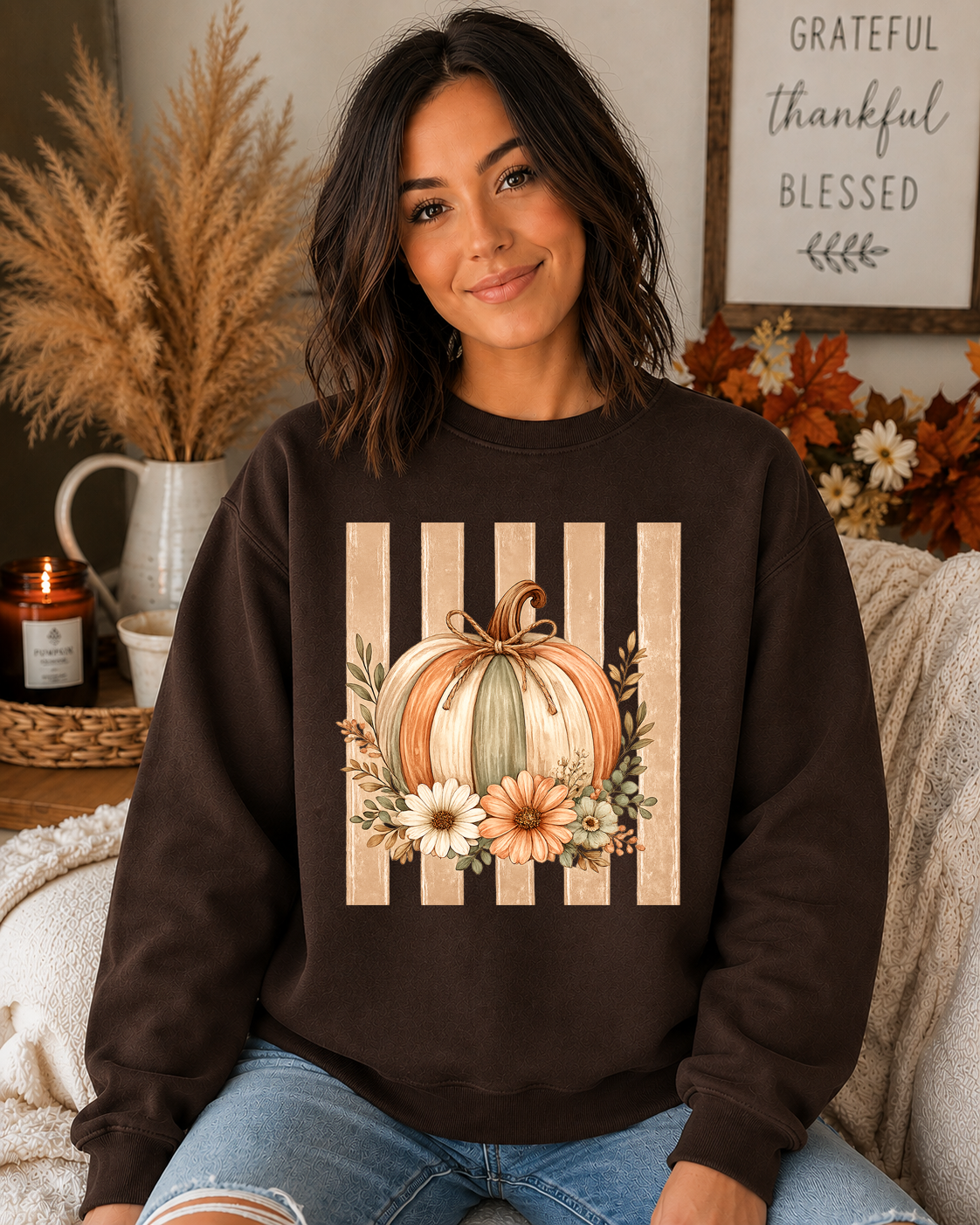 Fall Pumpkin Floral Gildan Sweatshirt | Cozy Autumn Crewneck | Cute Thanksgiving Pumpkin Sweatshirt