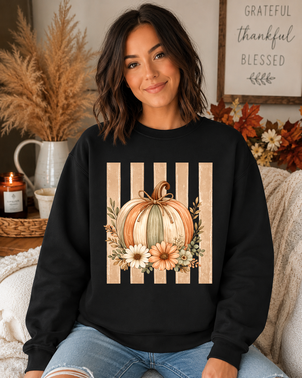 Fall Pumpkin Floral Gildan Sweatshirt | Cozy Autumn Crewneck | Cute Thanksgiving Pumpkin Sweatshirt