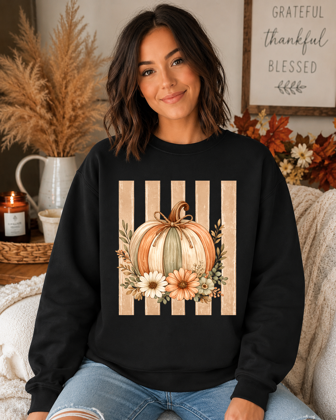 Fall Pumpkin Floral Gildan Sweatshirt | Cozy Autumn Crewneck | Cute Thanksgiving Pumpkin Sweatshirt