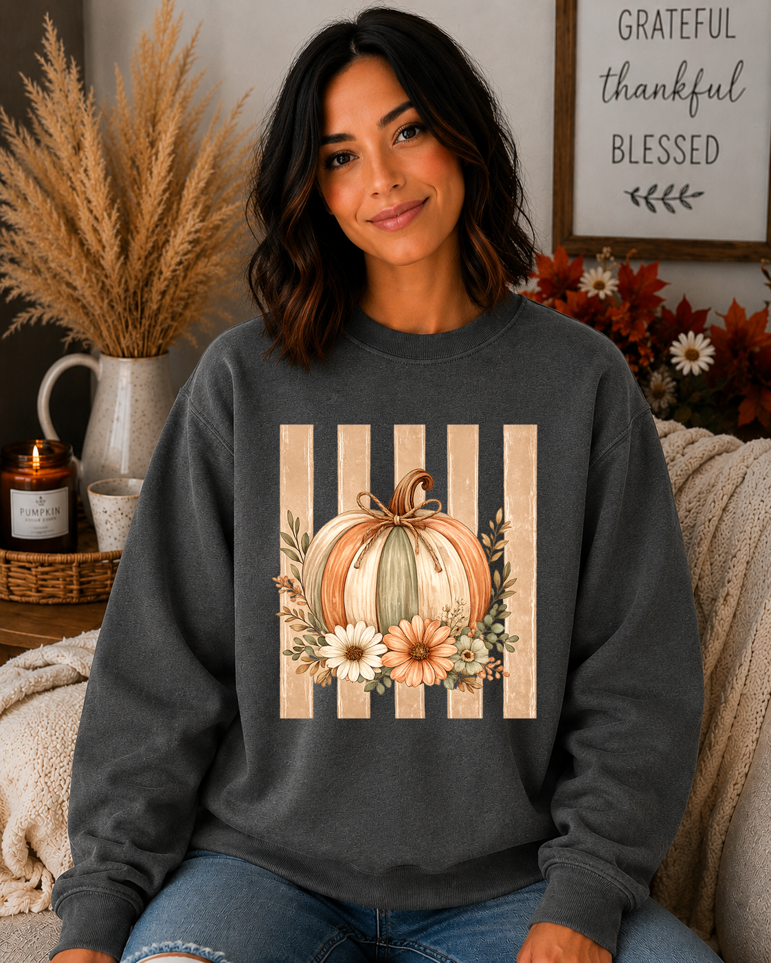 Fall Pumpkin Floral Gildan Sweatshirt | Cozy Autumn Crewneck | Cute Thanksgiving Pumpkin Sweatshirt