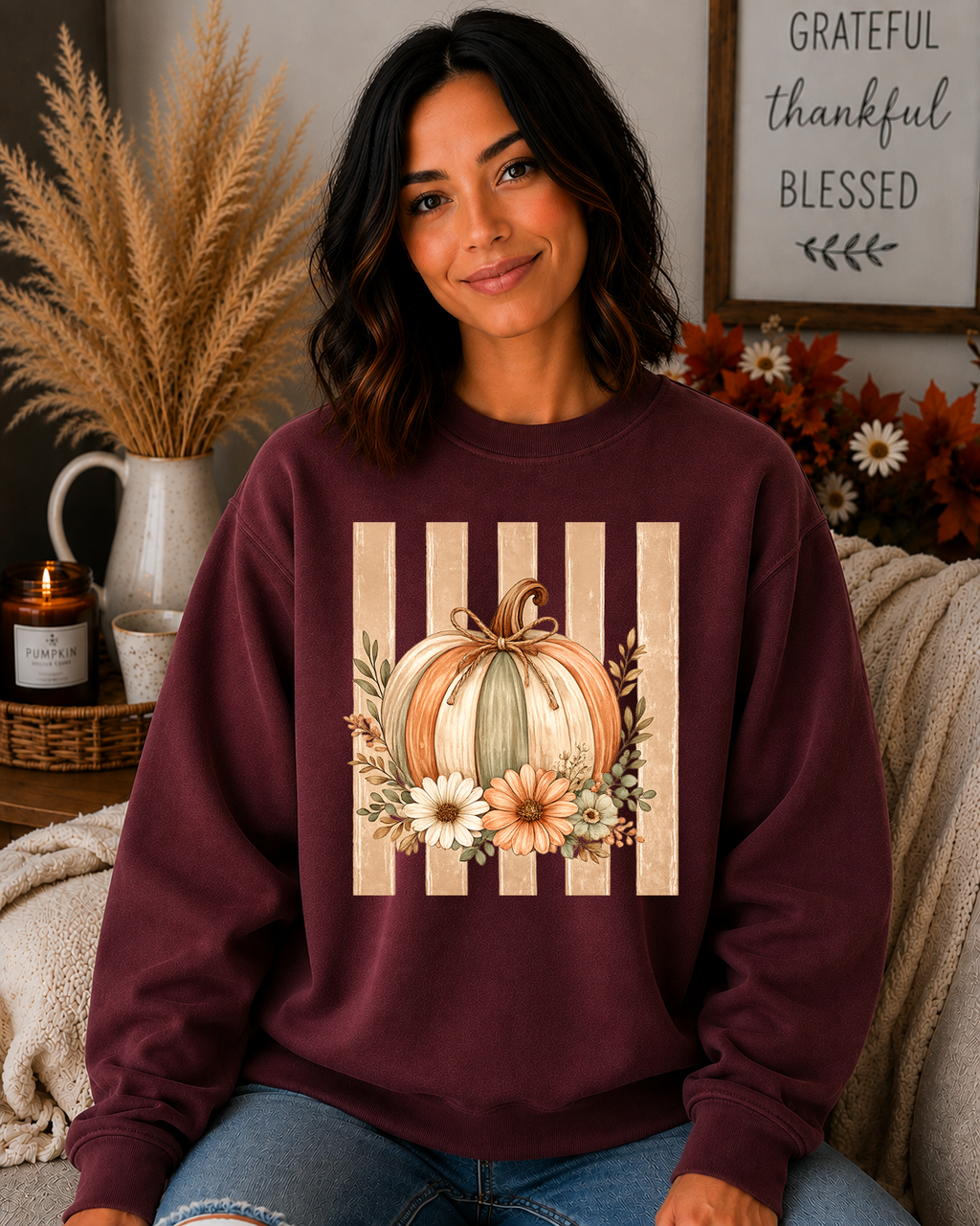 Fall Pumpkin Floral Gildan Sweatshirt | Cozy Autumn Crewneck | Cute Thanksgiving Pumpkin Sweatshirt