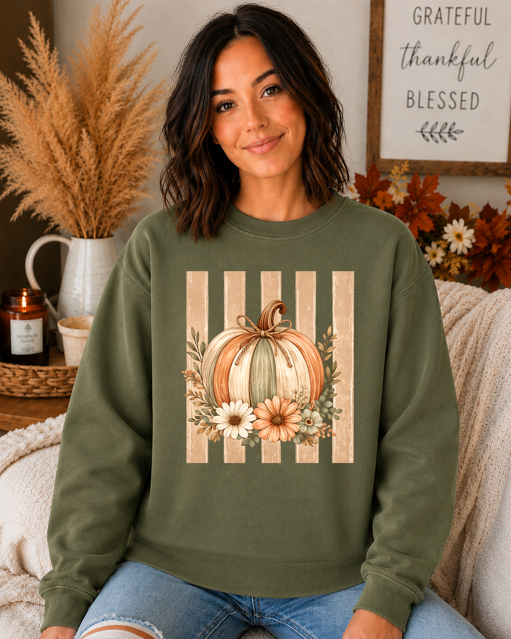 Fall Pumpkin Floral Gildan Sweatshirt | Cozy Autumn Crewneck | Cute Thanksgiving Pumpkin Sweatshirt