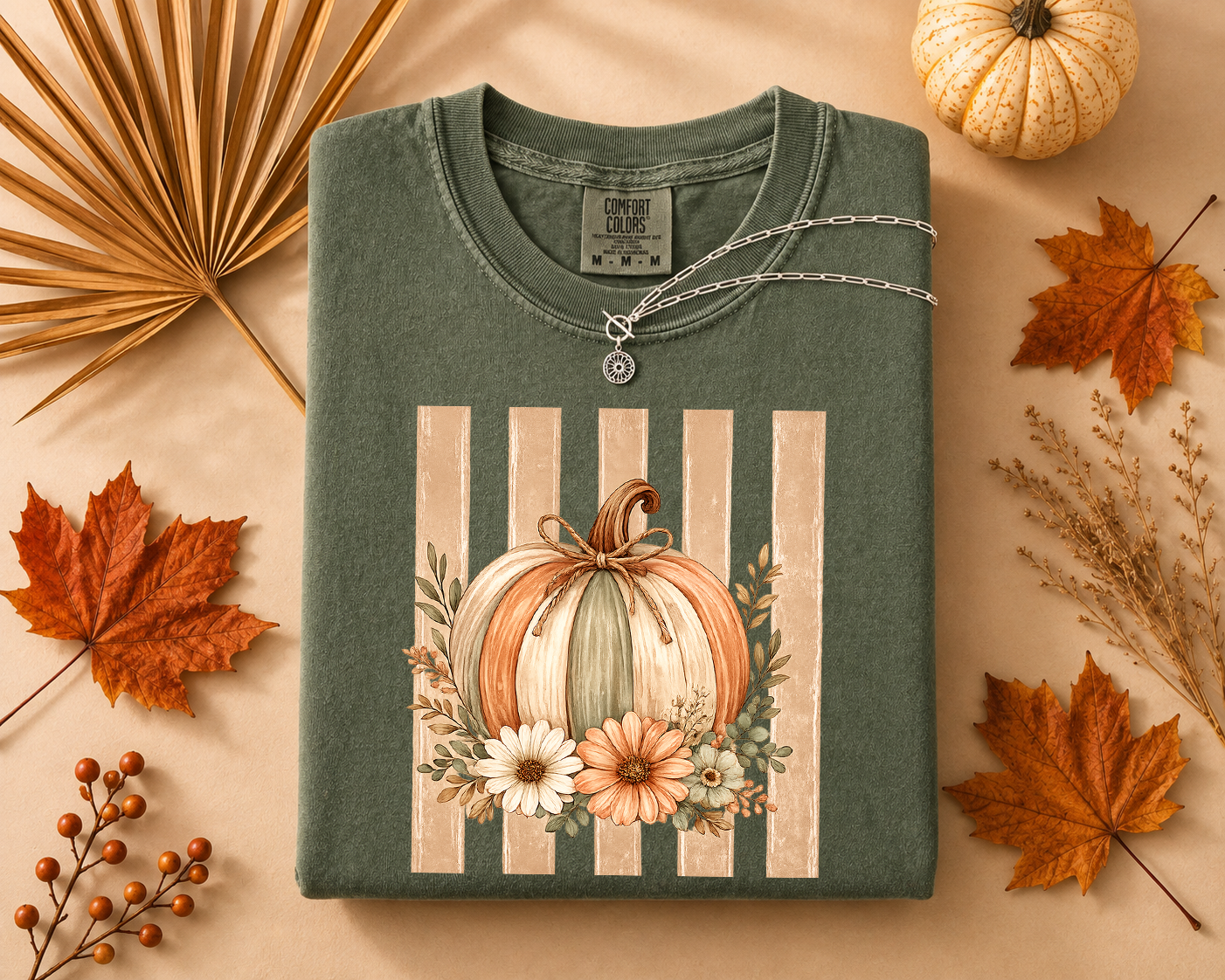 Pumpkin Stripes, Boho, Floral, Cute, Fall, Autumn, Comfort Colors