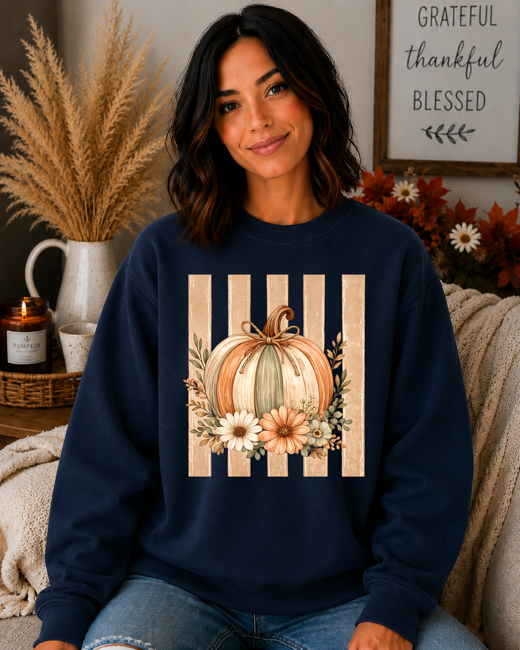 Fall Pumpkin Floral Gildan Sweatshirt | Cozy Autumn Crewneck | Cute Thanksgiving Pumpkin Sweatshirt