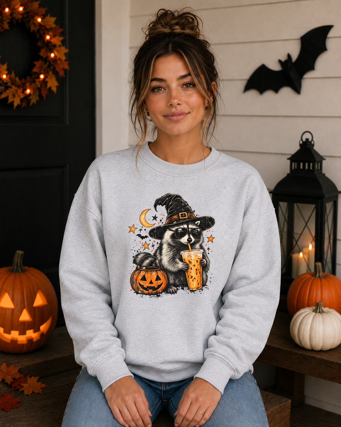 Halloween Raccoon Coffee Gildan Sweatshirt – Witchy Raccoon Graphic Crewneck, Cute Spooky Season Coffee Lover Sweatshirt