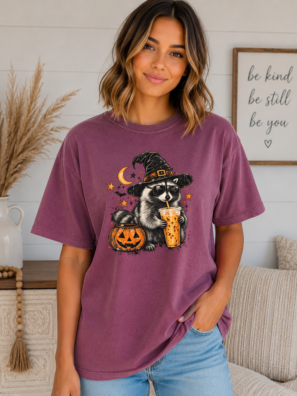 Halloween Raccoon Coffee Comfort Colors T-Shirt – Witchy Raccoon Graphic Tee, Cute Spooky Season Coffee Lover Shirt