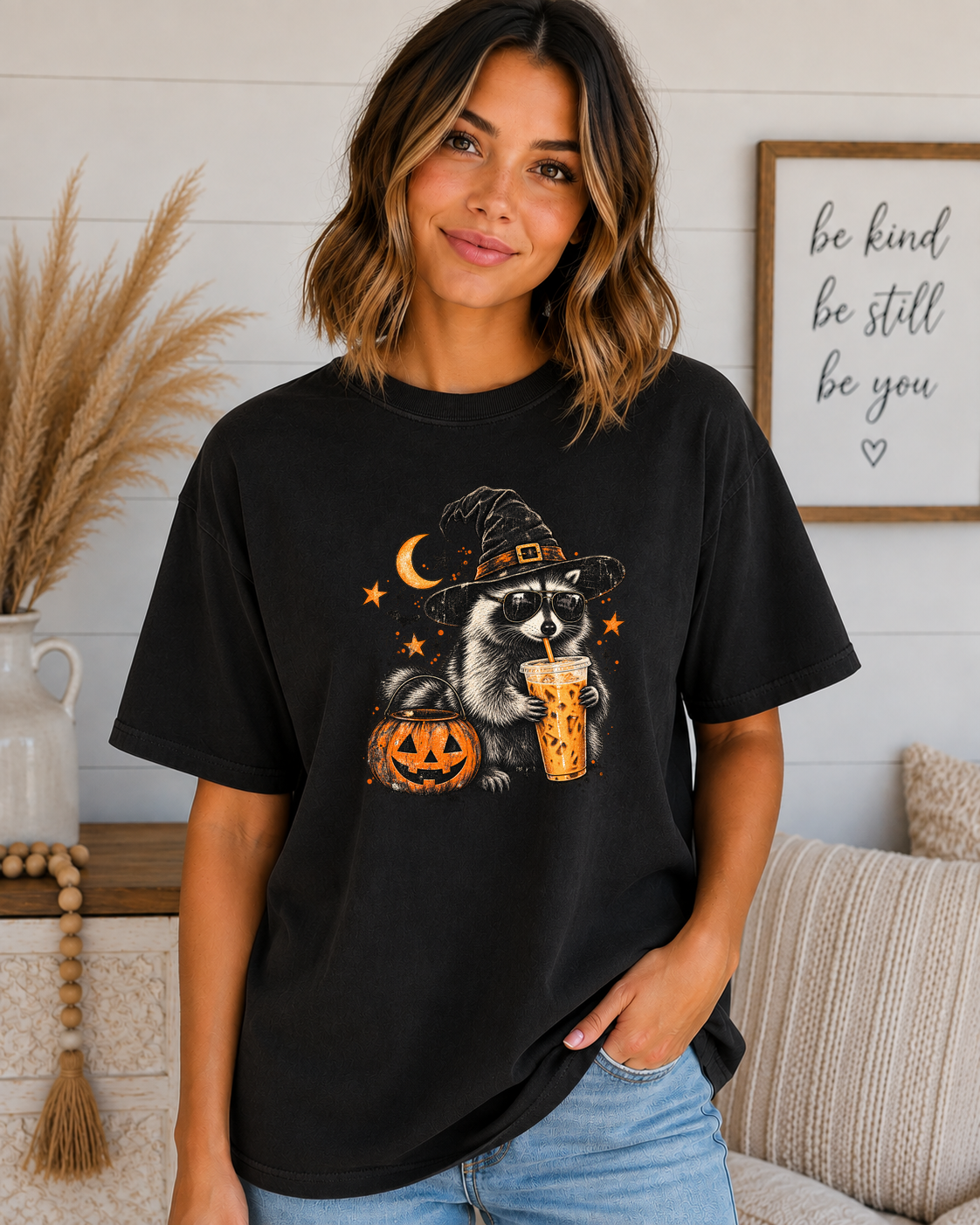 Halloween Raccoon Coffee Comfort Colors T-Shirt – Witchy Raccoon Graphic Tee, Cute Spooky Season Coffee Lover Shirt