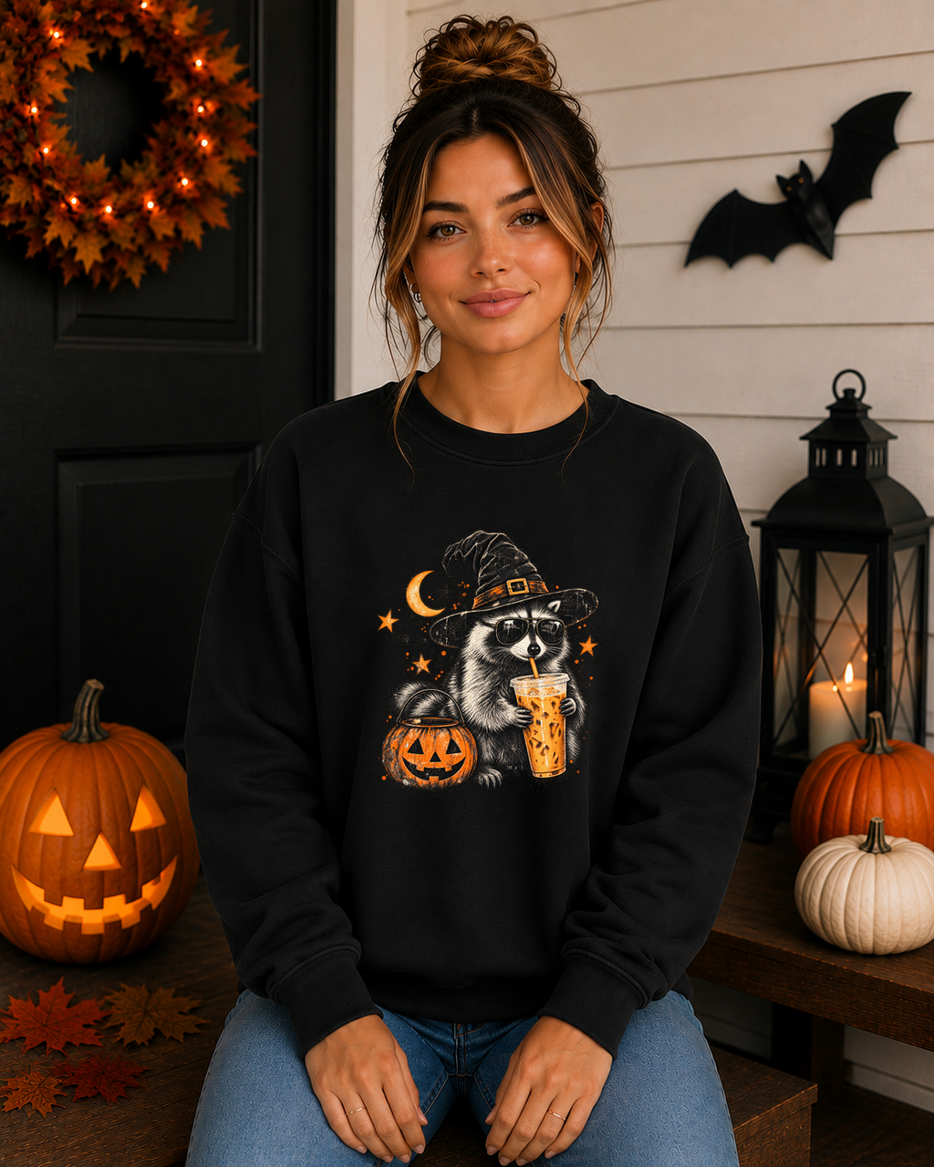 Halloween Raccoon Coffee Gildan Sweatshirt – Witchy Raccoon Graphic Crewneck, Cute Spooky Season Coffee Lover Sweatshirt