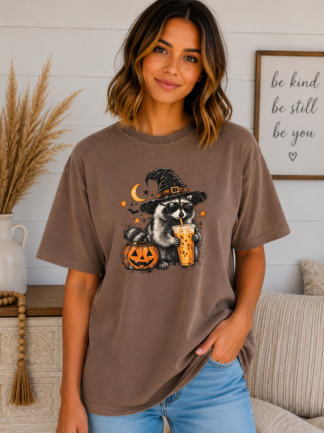 Halloween Raccoon Coffee Comfort Colors T-Shirt – Witchy Raccoon Graphic Tee, Cute Spooky Season Coffee Lover Shirt