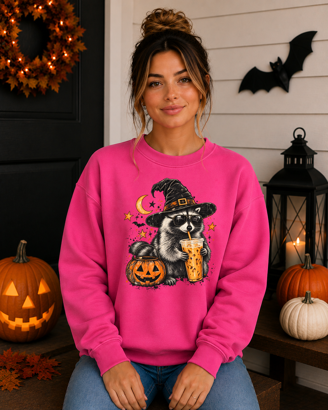 Halloween Raccoon Coffee Gildan Sweatshirt – Witchy Raccoon Graphic Crewneck, Cute Spooky Season Coffee Lover Sweatshirt