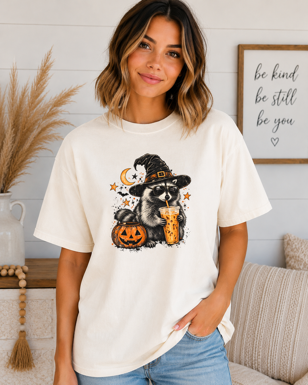 Halloween Raccoon Coffee Comfort Colors T-Shirt – Witchy Raccoon Graphic Tee, Cute Spooky Season Coffee Lover Shirt