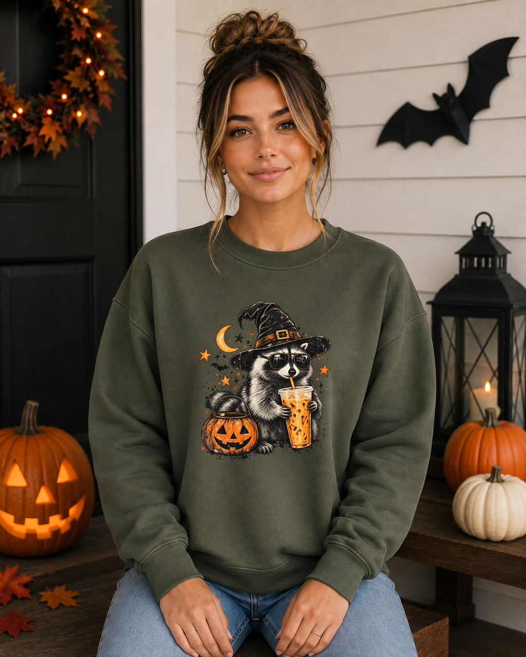 Halloween Raccoon Coffee Gildan Sweatshirt – Witchy Raccoon Graphic Crewneck, Cute Spooky Season Coffee Lover Sweatshirt
