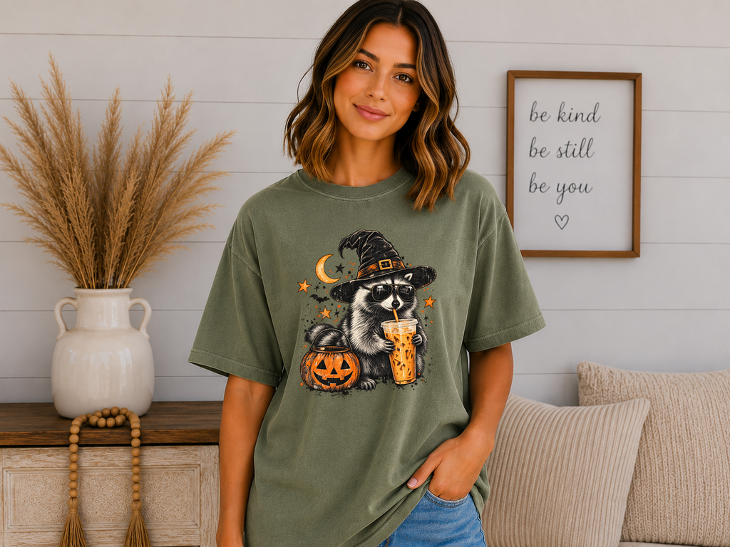 Halloween Raccoon Coffee Comfort Colors T-Shirt – Witchy Raccoon Graphic Tee, Cute Spooky Season Coffee Lover Shirt