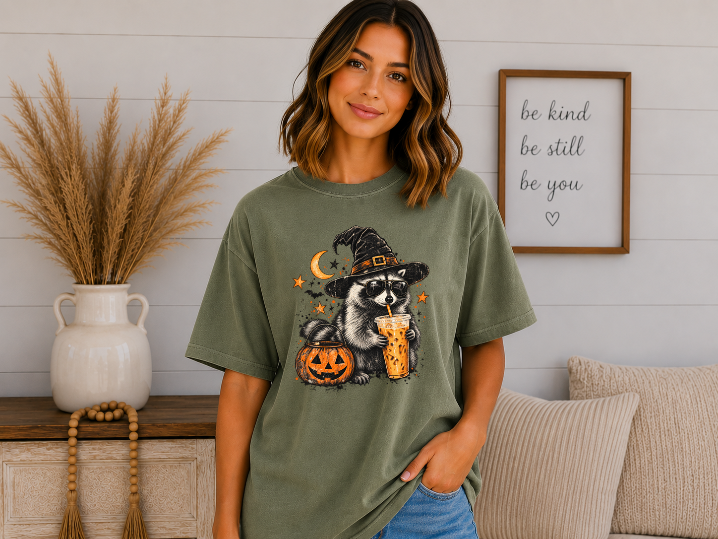 Halloween Raccoon Coffee Comfort Colors T-Shirt – Witchy Raccoon Graphic Tee, Cute Spooky Season Coffee Lover Shirt
