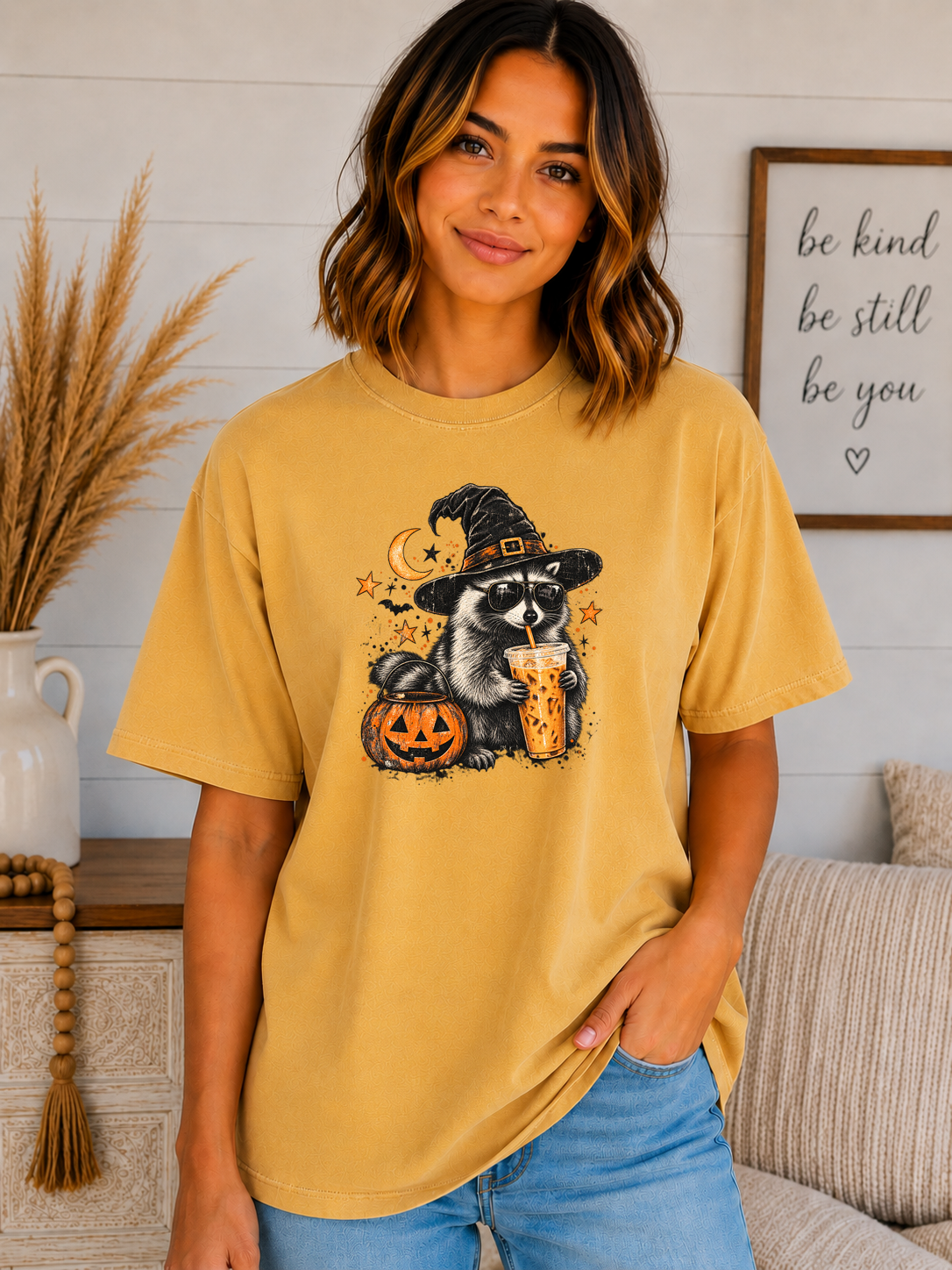 Halloween Raccoon Coffee Comfort Colors T-Shirt – Witchy Raccoon Graphic Tee, Cute Spooky Season Coffee Lover Shirt