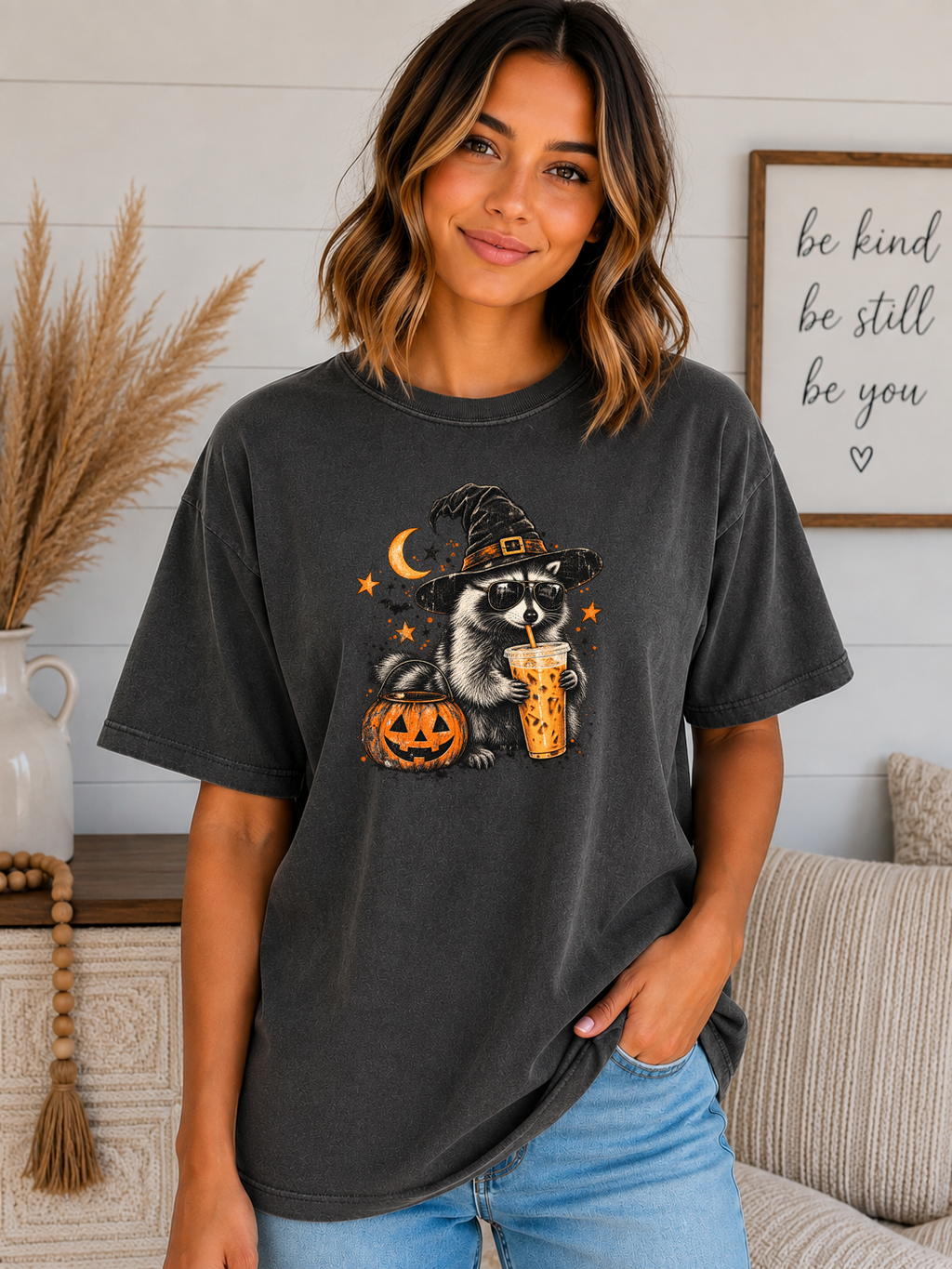 Halloween Raccoon Coffee Comfort Colors T-Shirt – Witchy Raccoon Graphic Tee, Cute Spooky Season Coffee Lover Shirt