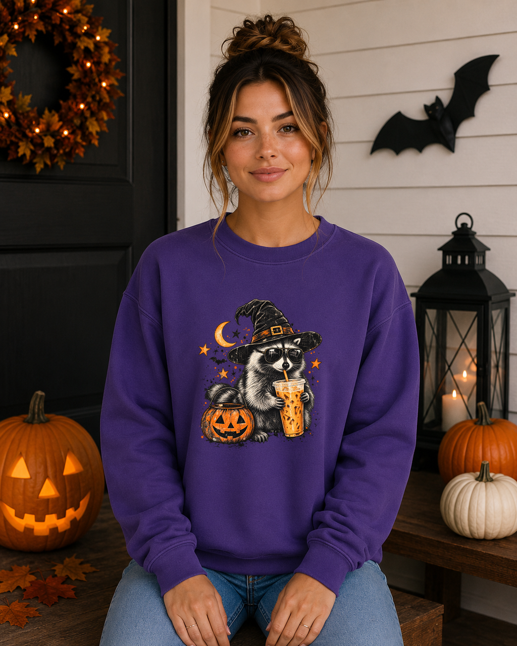 Halloween Raccoon Coffee Gildan Sweatshirt – Witchy Raccoon Graphic Crewneck, Cute Spooky Season Coffee Lover Sweatshirt
