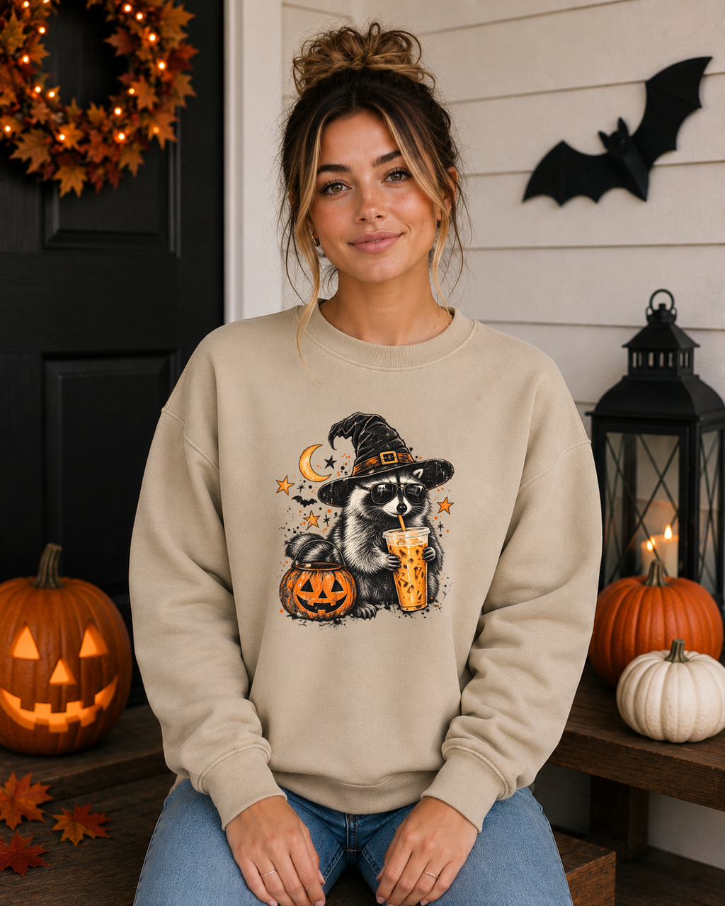 Halloween Raccoon Coffee Gildan Sweatshirt – Witchy Raccoon Graphic Crewneck, Cute Spooky Season Coffee Lover Sweatshirt