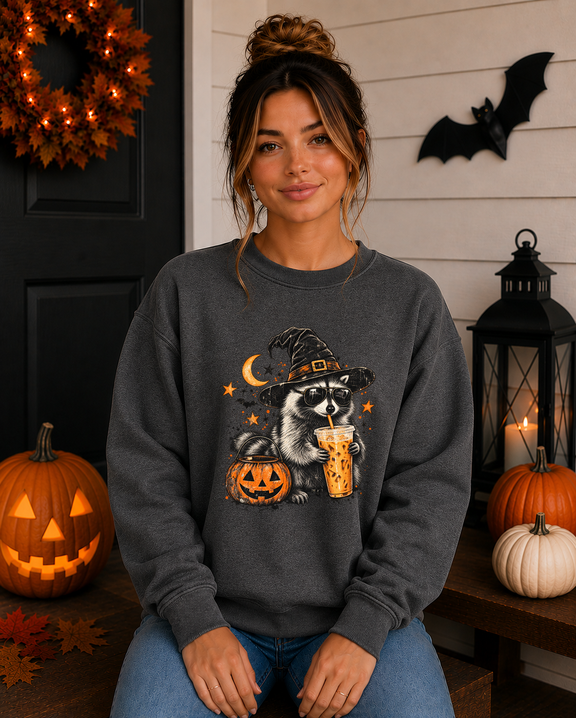 Halloween Raccoon Coffee Gildan Sweatshirt – Witchy Raccoon Graphic Crewneck, Cute Spooky Season Coffee Lover Sweatshirt